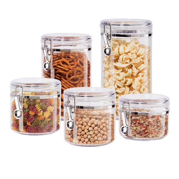 Oggi 5pc Clear Canister Set with Clamp Lids Airtight Containers in Sizes Ideal for Kitchen & Pantry Storage of Bulk, Dry Foods Including Flour, Sugar, Coffee, Rice, Tea, Spices & Herbs, Clear