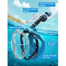 Full Face Snorkel Mask, Snorkeling Gear for Adults Diving Mask Anti Fog Premium Innovative Safety Dry Top System, 180 Panoramic Foldable Anti Leak Swimming Mask with Detachable Camera Mount