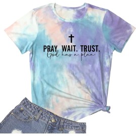Women Pray Wait Trust Soft Sleeveless Crew Neck Cute Graphic T-ShirtsColor: Tie dye 09, Size: 3 XL