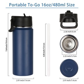 Volhoply 16 OZ Kids Water Bottle Bulk 2 Pack,Insulated Sports Bottles with Straw Lid,Stainless Steel Bottle with Handle Keep Cold & Hot,Double Wall Vacuum Thermo Cups for School,Girls(Navy,Set of 2)