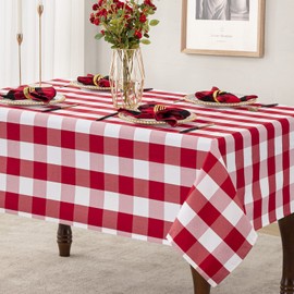 joybest 60 x 104 Inch Rectangle Checkered Tablecloth - Wrinkle Resistant Waterproof Table Cloth Buffalo Plaid Washable Polyester Fabric Table Cover for Outdoor Picnic, Dinner and Party, Red and White
