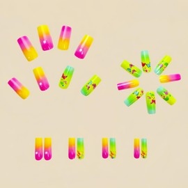 Press On Nails Coffin Fake Nails Colorful Butterfly Stick On Nails Gradient Glue On Nails Glossy Shiny Artificial Nails Full Cover Acrylic Nail Kit For Women Girl 24pcs