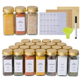 Fiwence 36 Pcs Glass Spice Jars with 576 Labels, 4oz Empty Square Spice Containers,Seasoning Bottles with Gold Metal Caps - Shaker Lids, Funnel and Pen Included