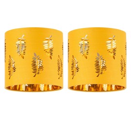 Set of 2 Ochre Yellow Table Lamp Shades, Lampshades for Table Lamp or Bedside Light, Fern Leaf Cut Out Design, Metallic Gold Inner, Diameter 15cm