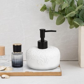 UHEY HOME Ceramic White Liquid Soap Dispenser with Embossed Design Look, Soap Dispenser with Rust-Proof Plastic Pump 13.5oz for Bathroom Kitchen