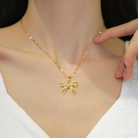 Srazeyo Ladies gold bow necklace full of diamonds small bow pendant chain necklace ladies micro rhinestone collarbone chain accessories titanium steel ladies jewelry gifts
