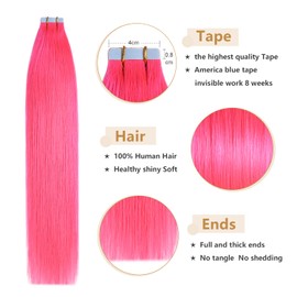 YILITE 20Pieces/Pack Pink Tape in Hair Extensions Human Hair 12inch 40g Pink Tape in Human Hair Extensions Seamless Skin Weft Tape ins Hair Extensions (12inch Pink）