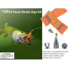 DAMIDEL 10Pcs Fishing Bullet Weights Texas Rigs Ready Kitg,Worms, Sinker (10g/7g/5g), Worm Hooks, Carbon line,Spinner Blades，Eye Beads Bait, Fishing Bass Rig Saltwater Freshwater(10g), sliver