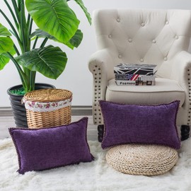 CaliTime Decorative Couch Throw Pillow Covers 12 X 20 Inches Pack of 2 Cotton Thread Stitching Edges Solid Dyed Soft Chenille Cushion Cases for Sofa Bed Living Room Farmhouse Plum Purple