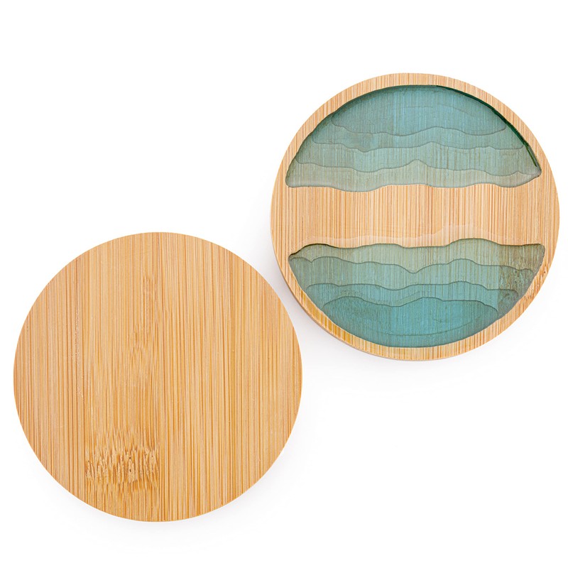 Round Ocean Wave Epoxy Resin and Bamboo Coaster Drink Mat