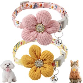 Puppy Collar with Bell and Flower, 2 Pack XS Dog Collars with Bell and Floral Girl Cute for XXS XS Extra Small Female Dogs Cats Tiny Pets Kitten Yorkie Chihuahua Pink Yellow