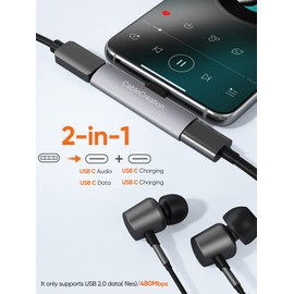 USB C Headphone Audio Adapter, CableCreation 2-in-1 Type-C to Dual Type-C hub Digital Audio& PD Charging Adapter,USB C Splitter Compatible with Galaxy S22, Galaxy Note 10/S10/S9, Pixel 2/3,Gray