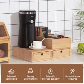 KIRIGEN Wood Coffee Station Organizer Coffee Bar Accessories Storage Organizer Coffee and Tea Condiment Storage Organizer Coffee Pod Holder with Drawers Natural (KFJTZ-NA)