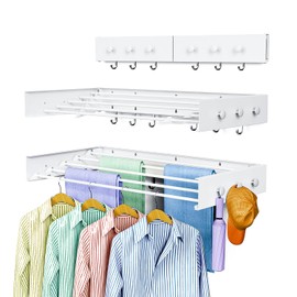 Drying Rack Clothing,Clothes Drying Rack Wall Mounted,Laundry Drying Rack Wall Mount,Foldable,Collapsible,60 lb Capacity 5 Aluminium Poles with 12 Hooks,Space Saving Clothes Drying Rack,White 31.5"