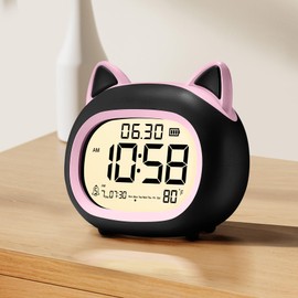 Kids Alarm Clock with Night Light for Kids, Small Digital Alarm Clocks for Bedrooms, Routine Builder, Cute Cat Alarm Clock with Sleep Training, Snooze, 12/24H, Date & Day, Temperature, USB Port