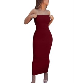 BORIFLORS Women's Basic Sleeveless Tube Top Sexy Strapless Bodycon Midi Club Dress,X-Large,Wine Red