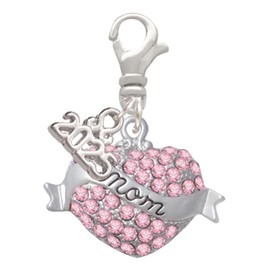 Delight Jewelry Silvertone Mom Banner on Pink Crystal Heart - Silver-tone Clip on Charm with Mini Year 2025