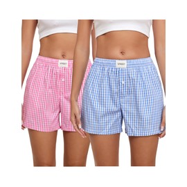 Viakeo 2 Pack Womens Pajama Bottoms Cotton Plaid Boxer Shorts Y2K Summer Beach Lounge Shorts With Pockets