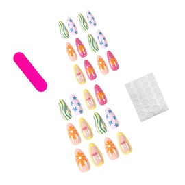 24PCS Almond Press on Nails Short Oval Fake Nails Summer Glue on Nails Dopamine Acrylic Nails Full Cover Star Cherry Flower Stripes Pattern Design Cute Artificial Nails Short Stick on Nails for Women