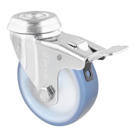 WAGNER Soft swivel castor with back hole, diameter 75 mm, height 100 mm, galvanised steel, blue/white, brake, load capacity 60 kg, 23377501