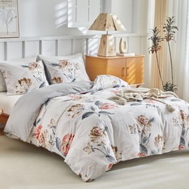 Lekesky Duvet Cover 200 x 200 cm with 2 Pillowcases 65 x 65 cm - Elegant Peony Blossom Bed Linen 200 x 200 cm - Microfibre Duvet Cover Sets with Zips