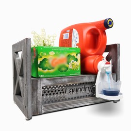 Besuerte Laundry Detergent Holder, Farmhouse Wooden Laundry Station Dispenser Storage Space Holds Liquid Detergent Tub and Fabric Softener Tub, Rustic Grey