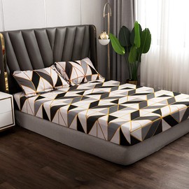 Damier Fitted Sheet 180 x 200 cm Black White Grey Geometric Pattern Fitted Sheet Soft Microfibre Box Spring Bed Sheet Suitable for Mattresses of 30 cm