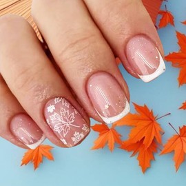 Maple Leaf Press on Nails Thanksgiving Press ons Fingernails 24Pcs Glossy White French Tips Short Square False Nail Fall Leaves Gel Glue on Acrylic Fake Nails Autumn Stick on Nail for Holiday Gift