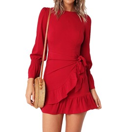 Womens Long Sleeve Round Neck Ruffles Wrap Dresses Party Dress (Red,L)