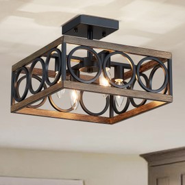 XINGQI Modern 4-Light 13'' Farmhouse Vintage Semi Flush Mount Ceiling Light Fixture for Living Dining Room Bedroom, Antique Wood Grain+Black Finish with Square Metal Shade,E12 Bulbs