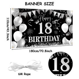 18th Birthday Banner Black Silver, BTZO 18th Birthday Boys, Decoration 18th Birthday Girls, 18th Birthday Background Banner for 18th Party Birthday Decoration