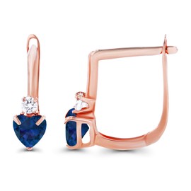 Solid 14K Rose Gold 4mm Heart Created Blue Sapphire September Birthstone Huggie Earrings For Women & Created White Sapphire Latchback Earrings For Women