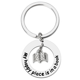 Book Lovers Gifts Keychain for Men Women Reading Gifts for Book Lover Bookworm Birthday Book Club Gifts for Librarian Writer Bookish Gifts My Happy Place Is In A Book Keychains for Book Readers