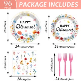 96 Pcs Wildflower Retirement Party Decorations for Women Flower Retired Party Tableware Set Happy Retirement Floral Plates Napkins Dinnerware for Goodbye Going Away Farewell Party Supplies Serve 24