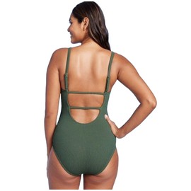 Kona Sol Women's Pucker Textured Square Neck High Coverage One Piece Swimsuit (Dark Green, Medium)