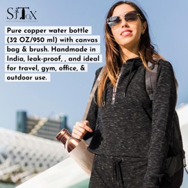 SAJTOX 32oz Plain Large Pure Clear Copper Water Bottle Leak Proof Travel Big Size Water Bottles for Drinking Water & Ayurvedic Health benefits With Canvas Bag & Bottle Cleaner Brush