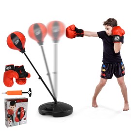 GYMAX Punching Bag for Kids, Inflatable Kids Punching Bags with Boxing Gloves, Height Adjustable Punching Bag Set, Boxing Bag Sports Toy for Boys Girls 3+, Freestanding Punching Bag with Stand (Black)