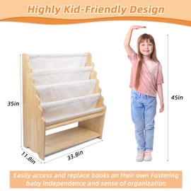 JGMZTZT Kids Book Shelf, Natural Wood Large Size 4 Tier Fabric Sling Bookshelf, Toddler Bookcase Toy Organizers Storage, Book Rack Display Shelves for Baby Nursery Kids Room Playroom