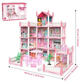 11 Rooms Huge Dollhouse, Pink Pretend Play Toy House Set with Light & Furniture, Kids Playhouse,Valentine's Day doll toy - Color: Pink