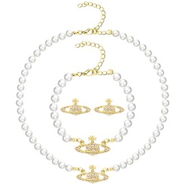 Pack of 3 Pearl Necklace Women's Bracelet Earrings, Artificial Saturn Chain, Women's Pearl Chain, Fashion and Simple Alloy Planet Chain Pearl Necklace with Pendant, Gift for Girls, Women, Lovers,