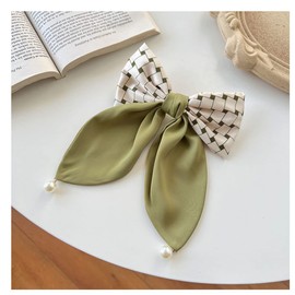 French Satin Bow Checkered Hair Clip Barrette for Girls Green Hair Bow Clips for Women Plaid Bowknot Cute Hair Accessories Green and White Hair Bows for Women Girls Hairpin