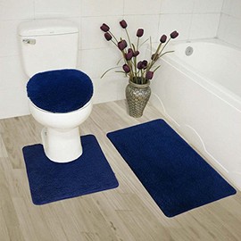 Luxury Home Collection 3 Piece Bath Rug Solid Set Non-Slip Bathroom Rug Contour, Mat and Toilet Lid Cover Navy