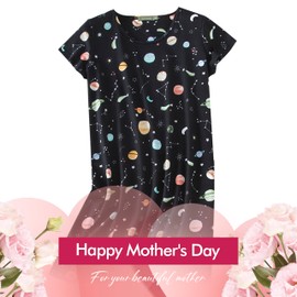 Inadyas Women's Cotton Nightgown Sleepwear Short Sleeves Nightshirt Casual Print Sleepdress Loose Comfy Pajama Black Star 2X-Large