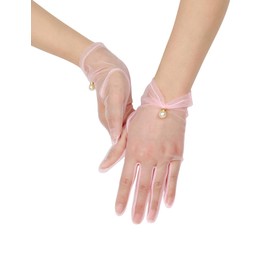 GRYUIRY Women's Wedding Glove Short Pearl Tulle Gloves Tea Party Evening Dance Party Gloves Dress Accessories Pink