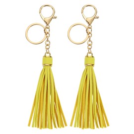 uxcell 2Pcs Leather Keychain Tassels, Women Tassel Bag Charm with Lobster Clasp Key Ring for Handbag Purse DIY Craft Making, Light Yellow