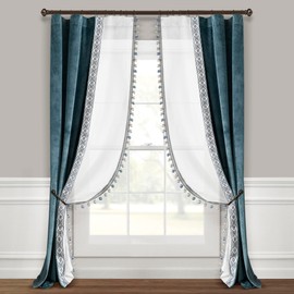 Lush Decor Luxury Vintage Velvet and Sheer with Border Pompom Trim Window Curtain (Single) Panel, 84" L x 42" W, Blue