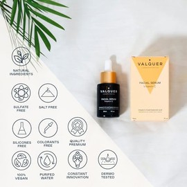 VALQUER Serum Facial Antiedad, Hidratante y Protector con Vitamina C, E y Ácido Hialurónico. Antiarrugas con Ingredientes Naturales y Antioxidantes. Vegano y Revitalizante. Todo Tipo de Piel. 30 ml.