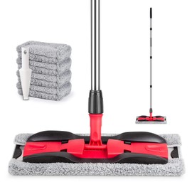 MEXERRIS Microfiber Mops for Hardwood Laminate Tile Floor Cleaning: Stainless Steel Handle - 4 Reusable Flat Mop Refills and 1 Dirt Removal Scrubber Included - Dry Dust Mop Commercial Home Use