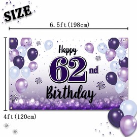 LASKYER Happy 62nd Birthday Purple Large Banner - Cheers to 62 Years Old Birthday Home Wall Photoprop Backdrop,62nd Birthday Party Decorations.