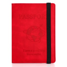 Passport Holder Cover Case，PU Leather Passport Protector， Travel Wallet for Women Men (Red)